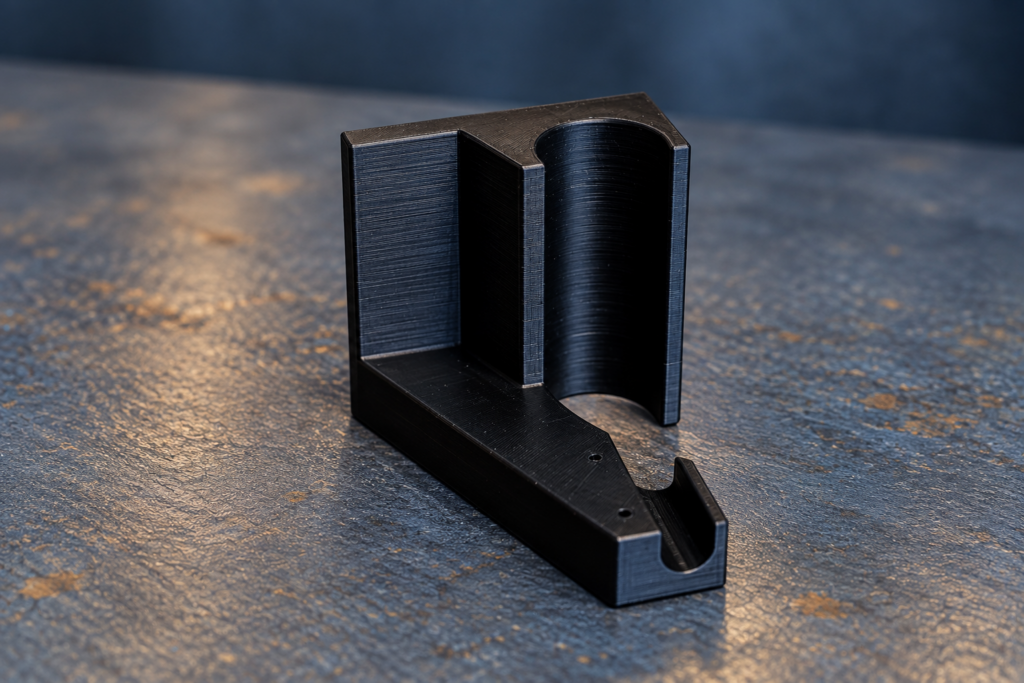 Individuell im 3D-Druck gefertigte schwarze Halterung
